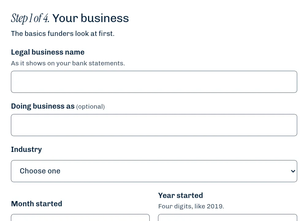 Screenshot of step 1 of 4 of the Afterfirst application form: legal business name, doing business as, industry, month and year started, and state.